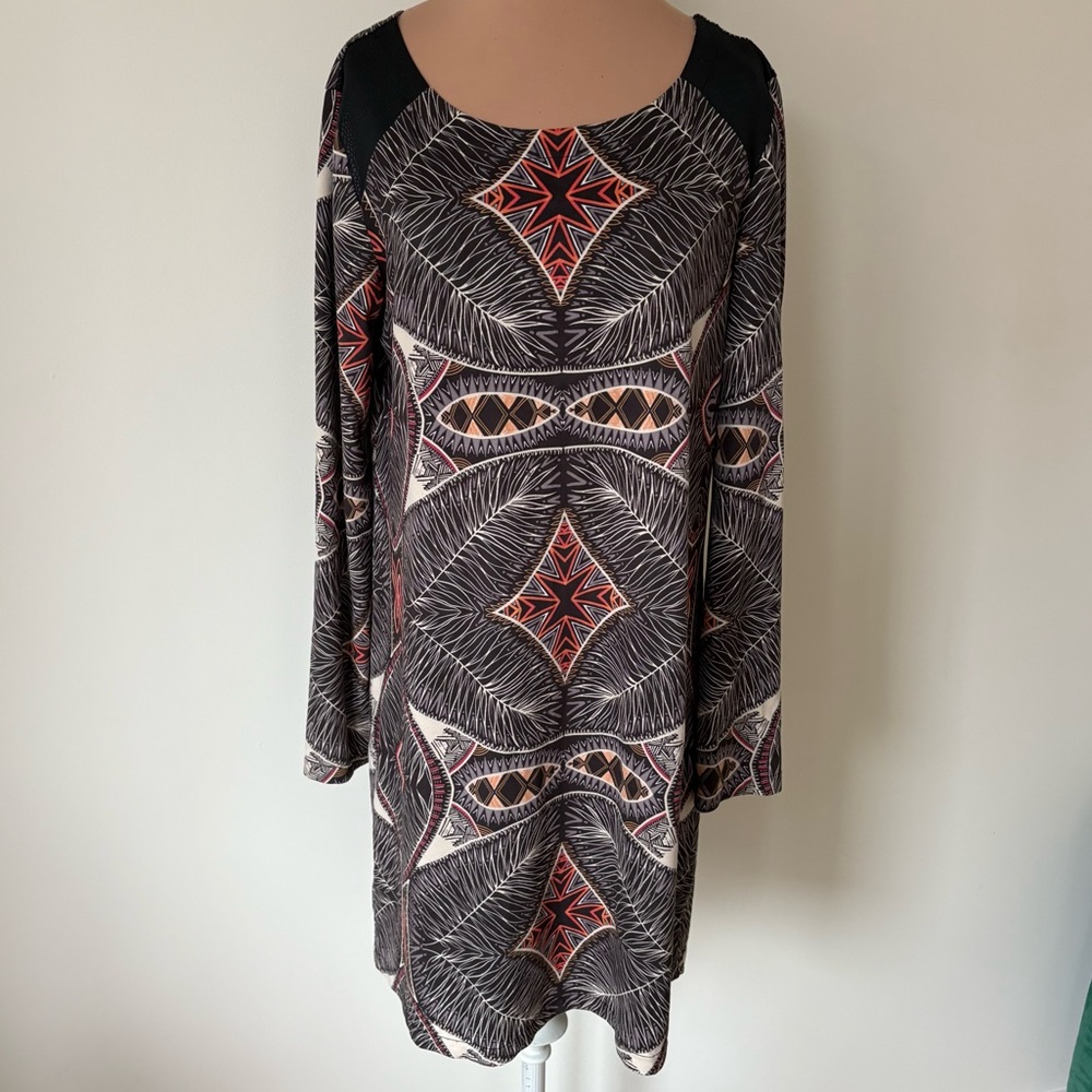 Custo Barcelona Geometric Print Long Sleeve Faux Suede Black Multi Dress Sz 42/8